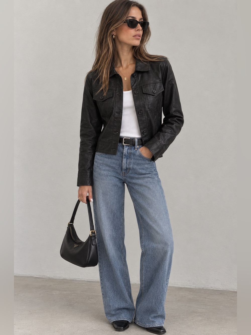 Cerule Black Vegan-Leather Jean Jacket Crop Button Down Longsleeve Medium